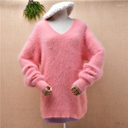 Women's Sweaters Female Women Winter Clothing Hairy Plush Mink Cashmere Knitted Pink V-neck Striped Loose Pullover Angora Fur Sweater Pull
