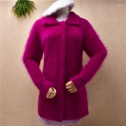 Women's Knits Ladies Women Fashion Pull Rose Hairy Plush Mink Cashmere Knitted Turn-down Neck Slim Cardigan Angora Fur Jacket Coat Sweater