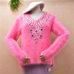 Women's Sweaters Ladies Women Fashion Sweet Pink Thick Beaded Hairy Mink Cashmere Knitted V-neck Slim Blouses Pullover Angora Fur Jumper