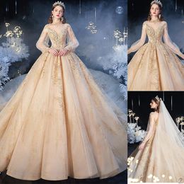 Luxurious Ball Wedding Dresses High Neck Long Sleeves Backless Shining Beaded Applicant Tulle Stain Layered Chapel Gown Custom Made Vestidos De Novia
