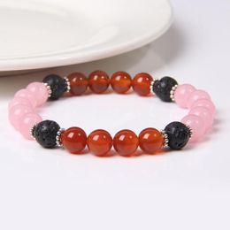 Strand Rose Pink Quartzs Bracelets For Women Healing Reiki Stone Red Agates Beads Bracelet Lava Essential Oil Diffuser Female Jewellery