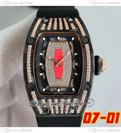 07-01 Carbon Fibre Diamonds Miyota Automatic Ladies Watch Womens Watches Two Tone Rose Gold Red Skeleton Dial Black Rubber Strap Super Edition 3 Styles Puretime A1