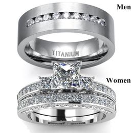 Fashion Couple Rings Men's CZ Stainless Steel Ring Women Square Cut Crystal Rhinestones Rings Set Wedding Engagement Jewellery