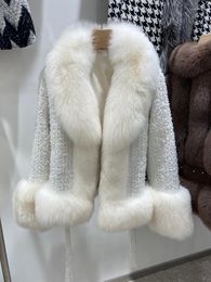 Women's Fur Women's Winter Natural Real Collar Long Sleeve Warm Lady's Belt Slim Overcoat