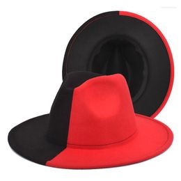 Berets Black Red Patchwork Wool Felt Jazz Fedora Hat Women Unisex Wide Brim Panama Party Trilby Cowboy Cap Men Gentleman Wedding