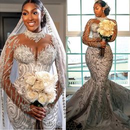 2022 Arabic Aso Ebi Luxurious Mermaid Wedding Dress Lace Beaded Crystals Satin Bridal Gowns Dresses ZJ505