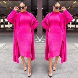 Work Dresses Autumn Winter Long Sleeve O-neck Rose Red Polyester Dress Suit African Clothes Women Coat For