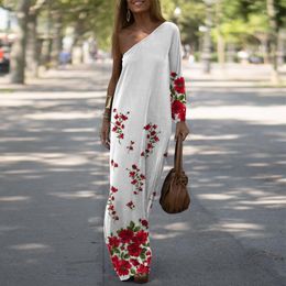 Casual Dresses Vintage Slant Neck Backless Long Dress Ladies One Shoulder Sleeve Women Fashion Pattern Printed Loose