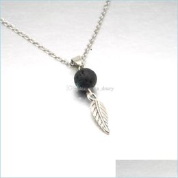 Pendant Necklaces Aromatherapy Essential Oil Diffuser Necklace Black Lava Rock Stone Bead Volcano Leaf Charms Stainless Steel Chain Dhvul