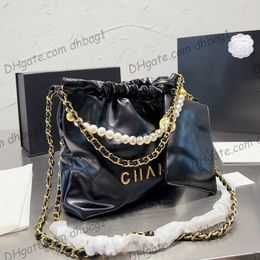 Womens 22 Black White Mini Shopping Bags With Pearl Chain Handle Tote Gold Metal Hardware Matelasse Chain Crossbody Shoulder Pocket Lucky Coin Charm Handbag 24X23CM