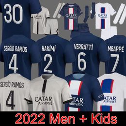 Игрок 30 10 Mbappe 7 футбольный джерси Hakimi Sergio Ramos Sanches PSGS 22 23 Maillots Football Room 2022 2023 Men Kid на Распродаже
