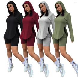 Women's Tracksuits Women Clothing Sets Solid Long Sleeve Hooded Tops And Elastic Waist Shorts Ladies Casual Sport Two Pieces