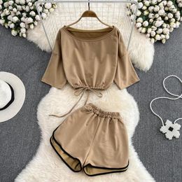 Women's Tracksuits Fashion Female Outfits Sexy Straight Shoulder Short Sleeve Tops Casual Solid Colour Wide Leg Pants Women Two Piece Set