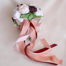 Decorative Flowers Wedding Bouquet Artificial Ribbon Fake Handmade Bridal For Birthday Office Anniversary Church Bride