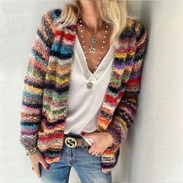 Women's Knits Tees Women Elegant Multicolor Print Knitted Cardigans Sweater Autumn Winter Long Sleeve Coat Tops Ladies Casual Pocket Sweaters 221111