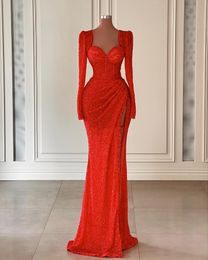 Exquisite Prom Dresses Long Sleeves Sweetheart Appliques Sequins Beaded Evening Dresses Lace Floor Length Side Slit Evening Dresses Gowns Plus Size Custom Made