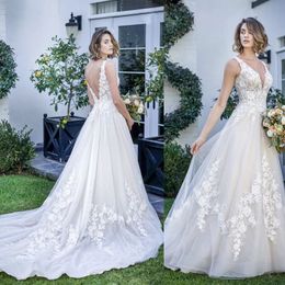 Boho Charming Wedding Dress Elegant A-line V Neck Sleeveless Backless Bridal Gown Appliques Vestidos De Novia