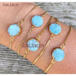 Strand Aqua Druzy Bracelet Minimalist Gold Box Chain Circle Disc Charm Adjustable Teal Stone Layering BM27701