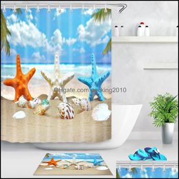 Shower Curtains Sea Beach Shower Curtain Starfish Shell Printed Bath Screen Polyester Waterproof Curtains Decor With Hooks 1494 T2 D Dhgbx