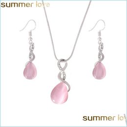 Earrings Necklace New Design Pink Opal Necklace Earrings And Ring Jewelry Set Natural Gem Stone Water Drop Earring For Women Delive Dhsqh