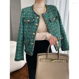 Women's Jackets Vintage Green Color Plaid Wool Blended Women Coat Winter Autumn Full Sleeves Button Lady Formal Clothing