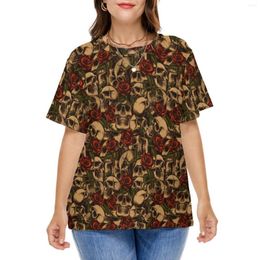 Shirt Skeleton Music S Red Flower Print Casual Short-Sleeve Female Cool Tshirt Beach Printed Clothing Plus Size