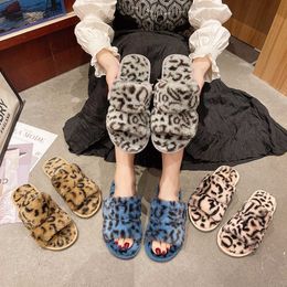 Slippers Autumn and Winter New Open Toe Net Red Leopard Print Parallel Bar Cotton Slippers Fashion Indoor Fur for Women 0930