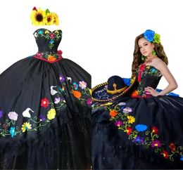 Black Mexican Style Quinceanera Dresses Charro 2023 Flowers Embroidered Lace Layers Tulle Satin prom vestidos para xv anos227p