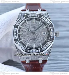 1540 Full Paved Diamonds A3120 Automatic Mens Watch 42mm Baguette Diamond Ice out Dial Stick Brown Leather Strap Oak Jewellery Watches Super Edition Puretime A1