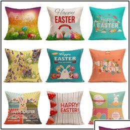 Pillow Case Easter Linen Pillowcase Square Happy Retro Egg Bunny Rabbit Design Pillow Case Sofa Car Cushion Ers Festival Home Decors Dhbtn