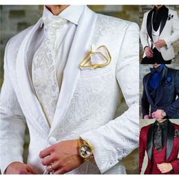 Men's Suits Blazers Custom size Jacquard Groomsmen white Groom Tuxedos Shawl Lapel Men Wedding Prom Man Blazer Jacket with Pants Set 221111