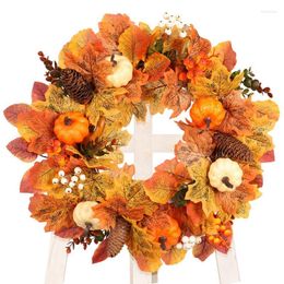 Decorative Flowers Autumn Wreath Outdoor 17.7'Fall Front Door Wreaths With Artificial Pumpkin Pinecone Halloween Party