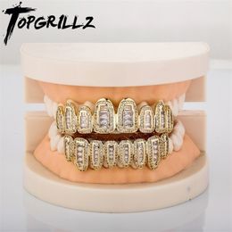 Pendant Necklaces TOP Iced Out Bling Baguette Round Clustered CZ Teeth 8 Top 8 Bottom Tooth Set Grills Mouth Jewellery 221109