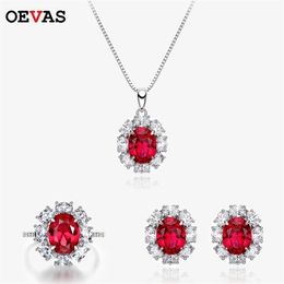 Pendant Necklaces OEVAS 925 Sterling Silver Created Ruby Gemstone EarringsNeckling Wedding Engagement Fine Jewellery Sets Wholesale 221109