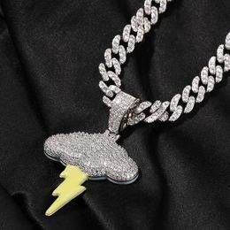 Hip Hop Cloud Lightning Pendant Necklace White Gold Plated with Rope Chain for Men Women