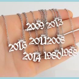 Pendant Necklaces Fashion Stainless Steel Personalised Birth Year Number Necklaces Custom Crown Initial Necklace Pendants For Women Dhekf