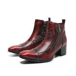 Vintage Red Men Boots Handmade High Heels Genuine Leather Rome Style Man Ankle Boots Zipper Autumn Winter Male Dress Boot