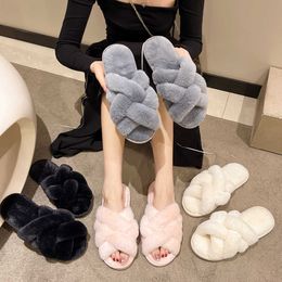 Slippers Wool Slippers for Women in Autumn and Winter 2023 New Cross Knitting Belt Open Toe Cotton Home Use 0930