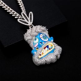 Mens Cool Jewellery Yellow White Gold Plated Bling CZ Cartoon Pendant Necklace for Men Women Fashion Bar DJ Hip Hop Jewellery