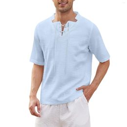 Men's Casual Shirts Summer Men Solid Cotton Linen Stand Collar Vacation Short Sleeve Hawaiian Beach Camisas Masculina