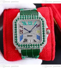 TWF TWWSSA0009 M8215 Paved Diamonds Automatic Mens Watch 40mm Miyota Fully Iced Out Green Diamond Bezel Colours Roman Dial Leather Strap Super Edition Puretime D4