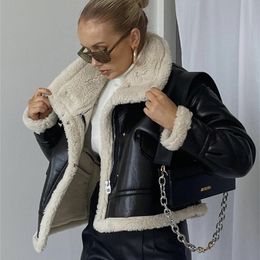 Women's Leather Faux Lagabogy Winter Jacket Women Shearling Sheepskin Coat Retro Motorcycle Parka Fleece Female Short Loose Snow Outerwear 221111