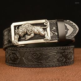 Belts Fashion Tigger Buckle With Tang Grass Pattern Leather Belt For Men Work Of Art Automatic Business Metal