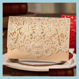 Greeting Cards 100Pcs Gold Tal Laser Cut Wedding Invitations Cards Kits With Hollow Flora Favours Pearl Paper Cardstock For Customiza Dhyps