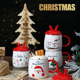 Creative Cute Cartoon Christmas Ceramic Mug With Cover & Spoon Personality Cup for Milk Gift for Birthday Thanksgiving