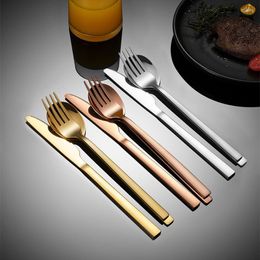 Dinnerware Sets Rose Golden Square Handle Steak Knife Spoon Fork Stainless Steel Cutlery Set Home Children's Tableware Kitchen Utensils