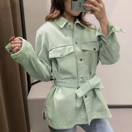 Women's Jackets Loose Long Sleeve Denim Turn Down Collar Streetwear Pockets Coat Women Fashion Green Jeans Jacket With Belt