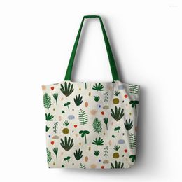 Storage Bags Fresh Green Plants Both Sides Printed Handbag Linen Polyester Shopping Tote Home With Casual Travelling Beach