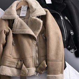 Women's Leather Faux Ailegogo Winter Women Thick Warm Suede Lamb Jacket Short Motorcycle Brown Coats Shearling Sheepskin Jackets Outwear 221111