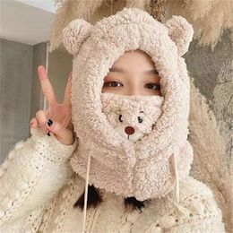 Cartoon Bear Ear Lamb Beanie Hat With Mask Warm Balaclava Winter Thickened Ear Protection Autumn Skullies Beanies for Women Girl GC1797